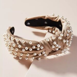 Lele Sadoughi Velvet Pearl-Embellished Beige Headband Headband